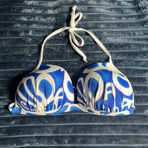 Venus holter bikini top, sz DD, blue and white